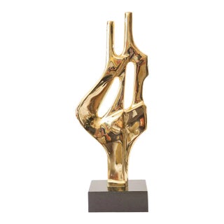 Vintage Brass Abstract Figural Sculpture on Black Granite Base, 1970's For Sale