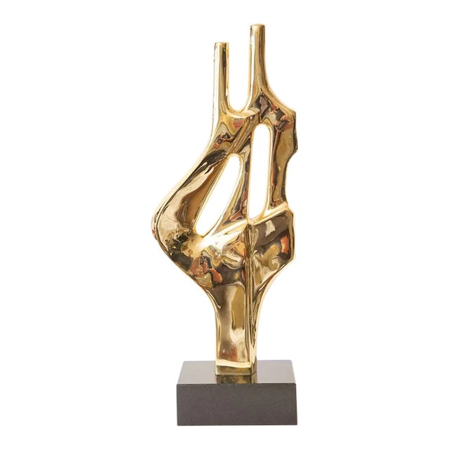 Vintage Brass Abstract Figural Sculpture on Black Granite Base, 1970's For Sale