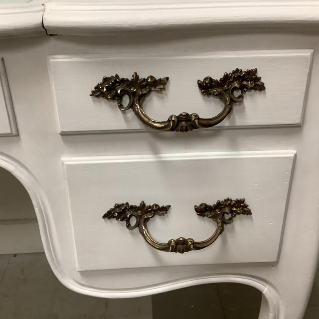 Vintage Vanity or Desk French Country Painted White Wire Doors Mirrored Top Multiple Drawers Wallpapered Interior Top For Sale - Image 10 of 12