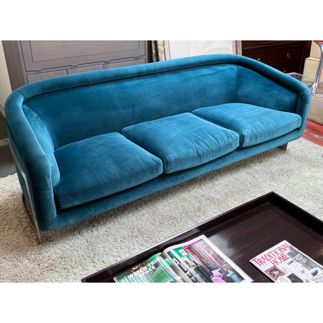 Hollywood Regency Jonathan Adler Bacharach Velvet Sofa, Peacock Blue For Sale - Image 3 of 12