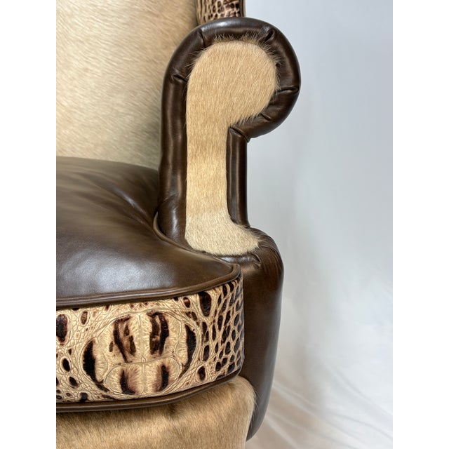 1970s Custom Wingback Chair in Brazilian Champagne Hair-on-Hide & Italian Espresso Leather – Crocodile Embossed Accents For Sale - Image 9 of 11