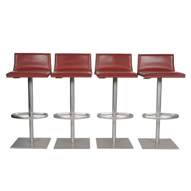 Set of Four Frag Bottega Italian Red Leather Adjustable Swivel Bar Stools For Sale - Image 9 of 10