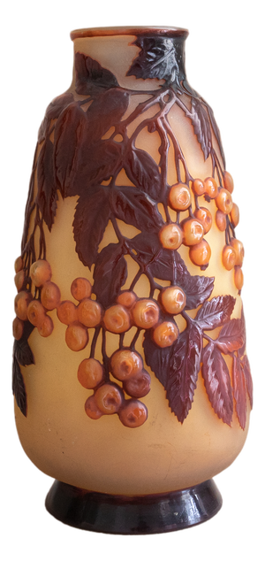 Art Nouveau Glass Cherries Souffle Cameo Vase by Emile Gallé, 1915