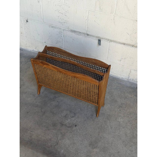 Vintage Danish Modern Oak & Cane Magazine Rack Newspaper Holder For Sale In Los Angeles - Image 6 of 9