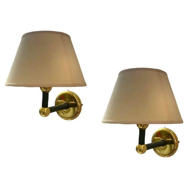 Italian Sconces in Brass and Olive Green, 1980s, Set of 2 For Sale