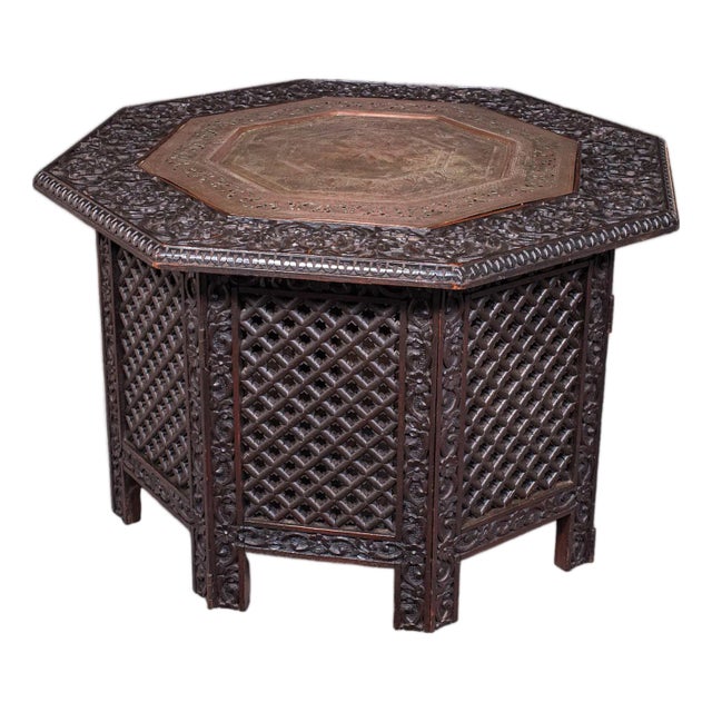 Antique Veranda Tea Table, Indian, Copper Inset, Benares, Occasional, Victorian For Sale