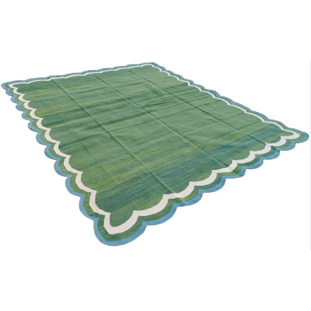 Mid-Century Modern Not Yet Made - Made To Order Handmade Cotton Reversible Scalloped Edge Rug Forest Green With Cream and Teal Blue Border - 10'x14' For Sale - Image 3 of 11