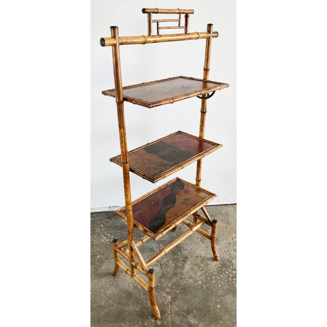 Brown Antique Hand-Painted Scorched Bamboo Shelving Unit and Screen Circa 1880s For Sale - Image 8 of 11
