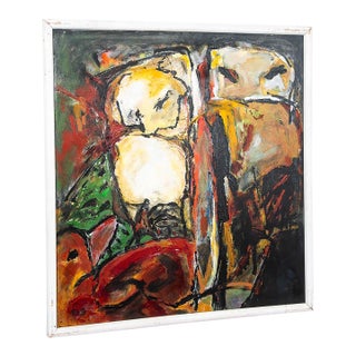 Mid Century Modern Oil Painting Abstract Expressionism Red Green Black Signed For Sale