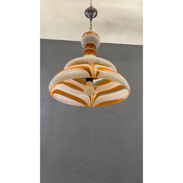 Italian Art Glass Pendant Lamp in Orange and White, 1970s For Sale - Image 6 of 9