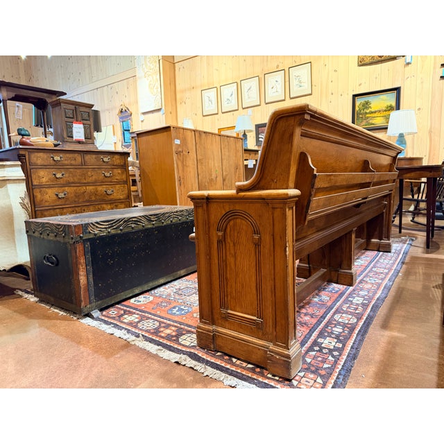 Vintage Solid Wood Church Bench Pew With Straight Back and Arm Supports For Sale - Image 4 of 8