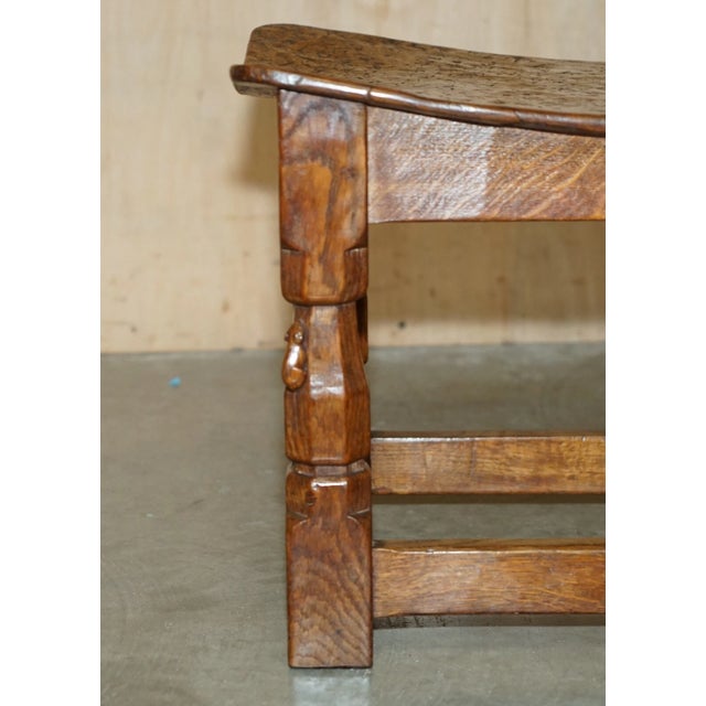 Important 1930s Antique Burr Oak Robert Mouseman Thompson Curved Stool Bench For Sale - Image 11 of 18