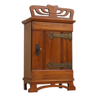 Antique Dutch Art Nouveau Wall Cabinet in Cherry Wood and Brass, 1910 For Sale