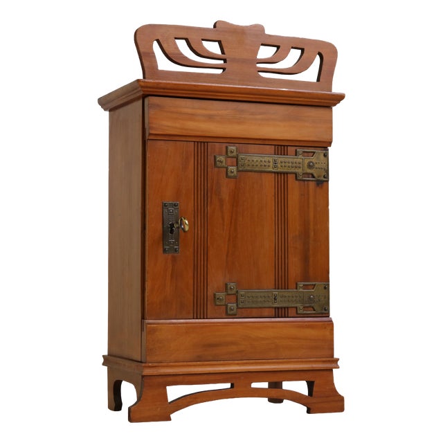 Antique Dutch Art Nouveau Wall Cabinet in Cherry Wood and Brass, 1910 For Sale