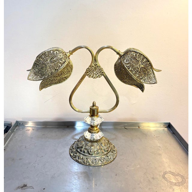 Hollywood Regency 1960s-70s Brass Filigree/Glass Double Tulip Lamp For Sale - Image 3 of 5