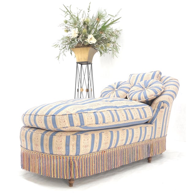 Wood Down Filled Tassels Blue & Gold Upholstery Turned Legs Chaise Lounge For Sale - Image 7 of 12