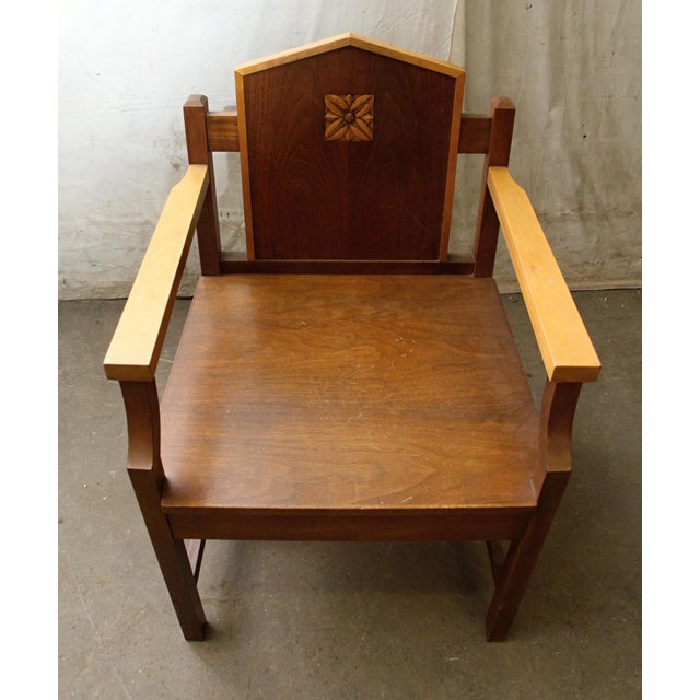Arts & Crafts Mid 20th Century Mission Style Wood Chair With Carved Floral Motif For Sale - Image 3 of 8