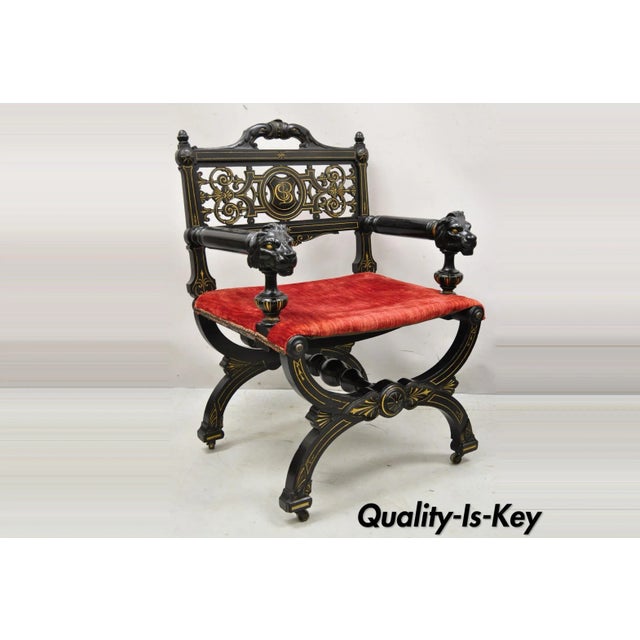 Antique Victorian Aesthetic Movement Ebonized Curule Throne Arm Chair With Lions For Sale - Image 13 of 13