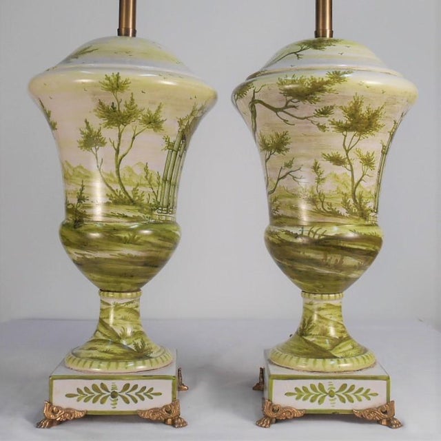 1950s Early Marbro Urn Lamps With Green Painted Roman Ruins - a Pair For Sale - Image 5 of 13