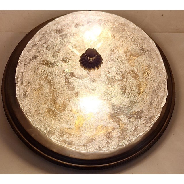 Metal Vintage Ceiling Lamp with Brass Frame and Ice Glass Lampshade, 1970s For Sale - Image 7 of 7