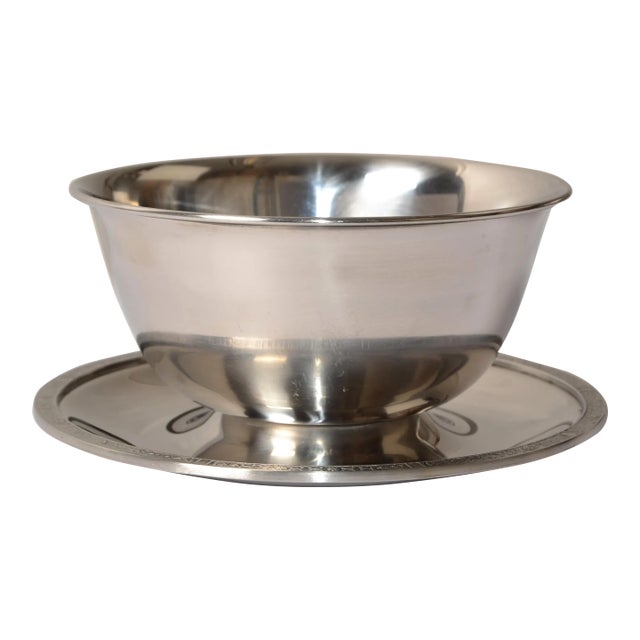 1969 Vintage Stainless Steel Attached Plate Egg Bowl Gravy Boat Hollowware Marked For Sale
