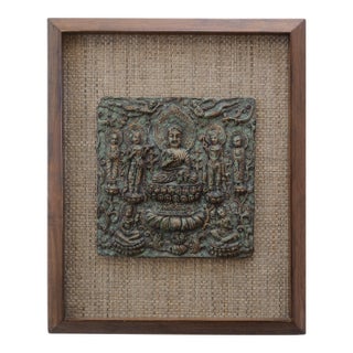 Mid Century Rustic Relief Buddha Art Plaque Wallhanging With Rattan Accents For Sale