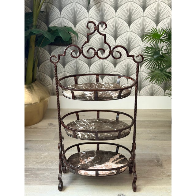Metal Marble Stone and Wrought Iron Metal 3-Tier Plant Stand or Bar Cart For Sale - Image 7 of 16