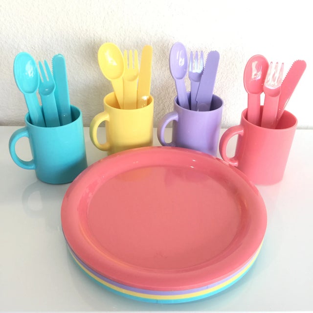This fun collection of colorful dinnerware comes in the iconic 1980s pastels and ha been attributed to Carsten Jorgensen...