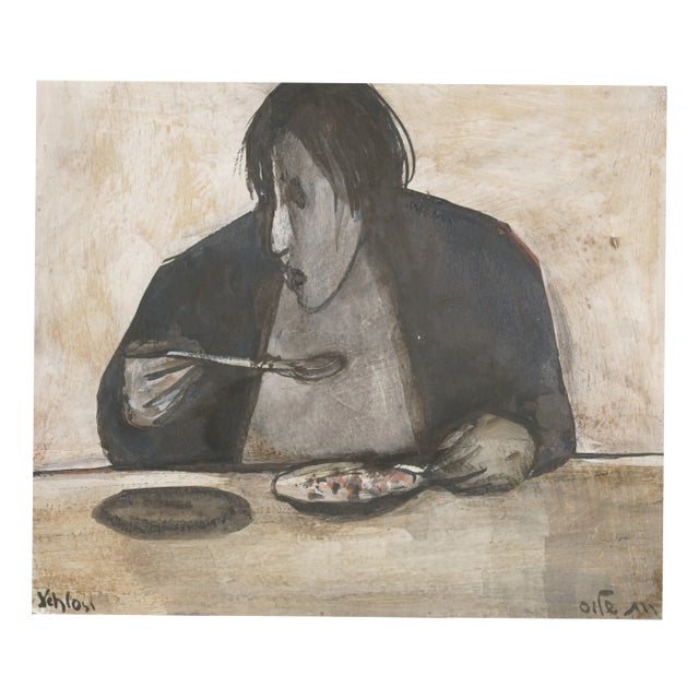 Ruth Schloss, Woman Eating, 1990, Mixed Media Drawing on Paper For Sale