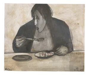 Ruth Schloss, Woman Eating, 1990, Mixed Media Drawing on Paper