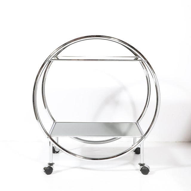 Art Deco Art Deco Style Round Form Tubular Two-Tier Bar Cart in Chrome and Smoked Mirror For Sale - Image 3 of 13