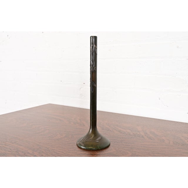 A gorgeous Arts & Crafts period sterling silver on bronze tall bud vase with verdigris patina By Heintz Art Metal Shop...