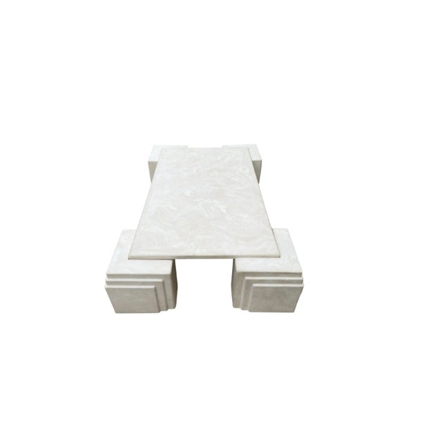 Stone Monumental Faux White Pearl Marble Rectangular Cocktail Table in Art Deco Form For Sale - Image 7 of 7