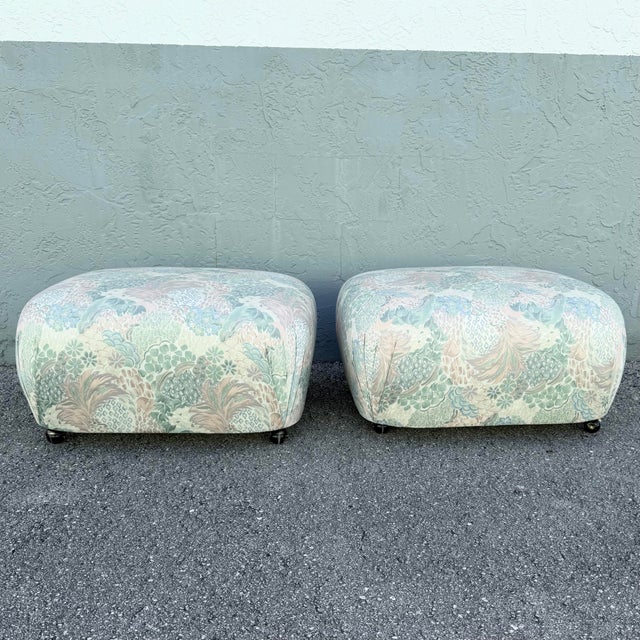 Postmodern Multicolored Floral Fabric Pouf Ottomans - A Pair For Sale - Image 4 of 10