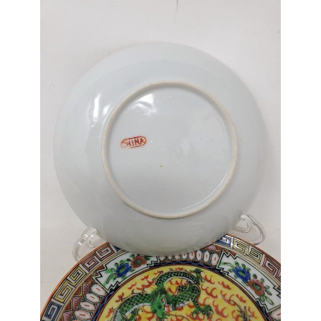 Vintage Famille Rose Yellow Cup and Saucer Set - Blue Green Dragons Birds Greek Key- 6 Pieces For Sale - Image 9 of 9