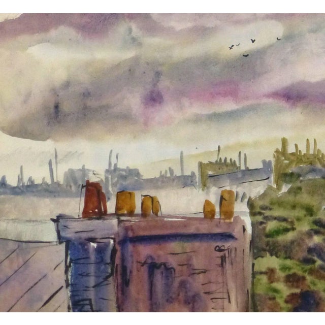 Delightful watercolor painting of a beautiful sky rolling over the rooftops of Paris by artist André Lafond, 1955....
