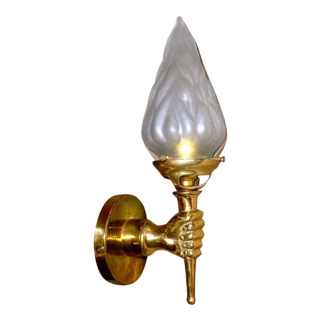 1950's French Regency Bronze Hand Fist Torch Wall Sconce With Flame Shade For Sale