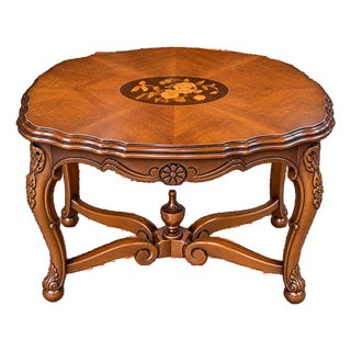 French Louis XV Style Walnut Tea Table With Removable Glass Tray & Floral Marquetry For Sale