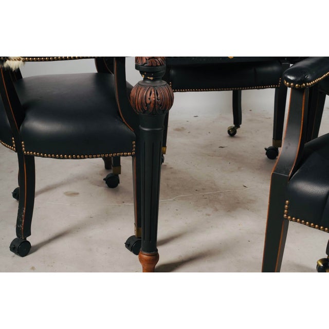 American Late 20th Century Hooker Furniture Ebonized Leather Games Table & Four Cowhide Armchairs For Sale - Image 3 of 17