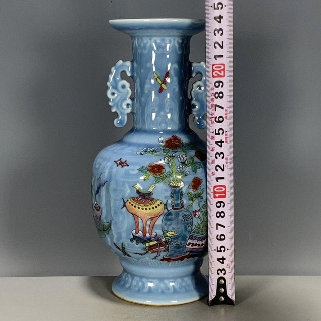 Late 20th Century Chinese Light Blue Glazed Porcelain Vase With Famille Rose Antiques Motif For Sale - Image 5 of 9