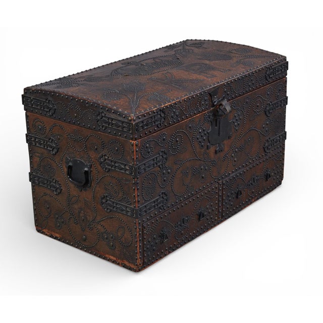 Wood Charles II Wrought-Iron Mounted Brass-Studded Leather Coffer Trunk With Drawers For Sale - Image 7 of 12