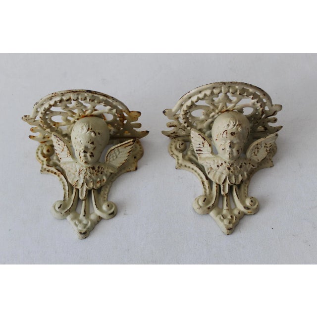 1980s Cast Iron Cherub Angel Putti Victorian Style Brackets Accent Wall Shelves -A Pair For Sale - Image 5 of 10