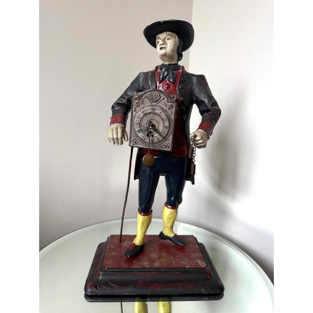 Victorian Antique Style Painted Cast Iron Dutch Peddler Clock Figure Folk Art Uhrenträger Mantelpiece Decor For Sale - Image 3 of 8