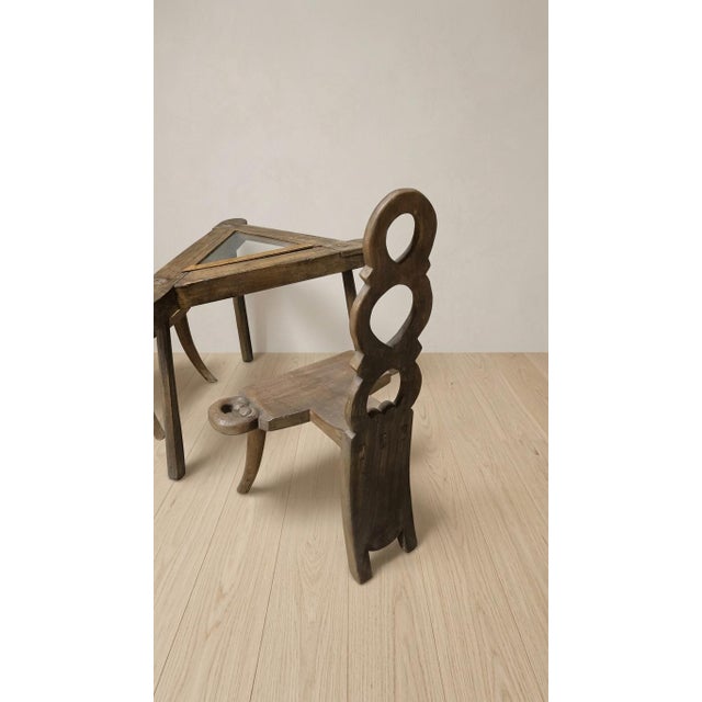 Wood Vintage Sculptural Wooden Table and Two Chairs with Hand-Carved Loop Backrests, 1940s, Set of 3 For Sale - Image 7 of 18