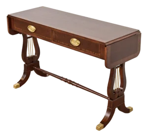 Baker Furniture English Regency Banded Mahogany Lyre Base Console Table, Newly Refinished