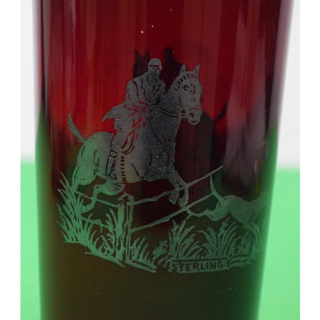 1930s Rockwell Silver Co Ruby Red Horse & Hound Hunt Scene W/ Sterling Overlay Cocktail Shaker For Sale - Image 4 of 7
