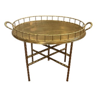 Vintage Brass Faux Bamboo Oval Tray / Drinks / Side / Accent Table With Folding Stand, in the Manner of Maison Baguès For Sale