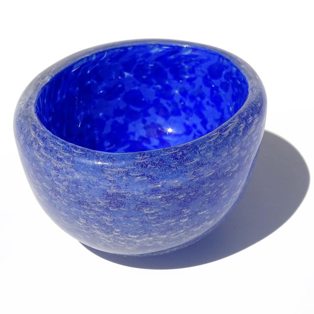 Mid-Century Modern Vintage Murano Italian Art Glass Miniature Cobalt Blue Pulegoso Bubble Technique Bowl Vide-Poche For Sale - Image 3 of 5