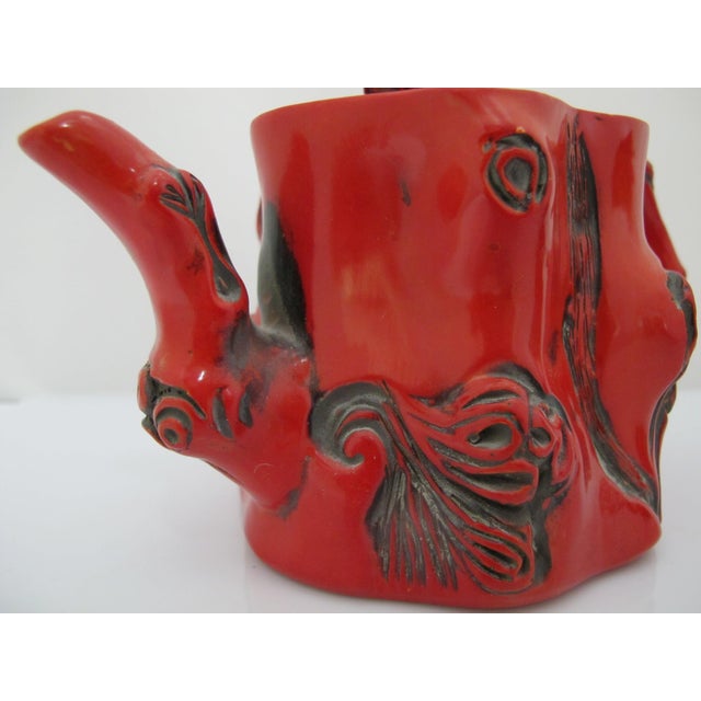Chinese Chinese Red Lacquer Tree Trunk Branch Handle Squirrel Finial Lid Teapot For Sale - Image 3 of 15