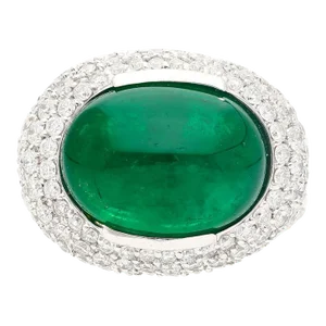 AGL Certified 10 Carat Cabochon Cut Minor Oil Emerald and Diamond Cluster Ring, Size 6.25